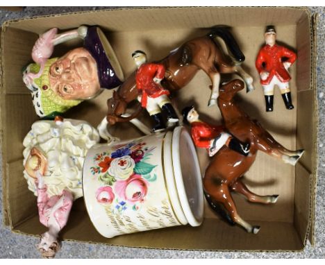 A three piece hunting group; Doulton Ugly Duchess mug, D6603; an Italian figure of a lady; a Staffordshire 'Motto' mug