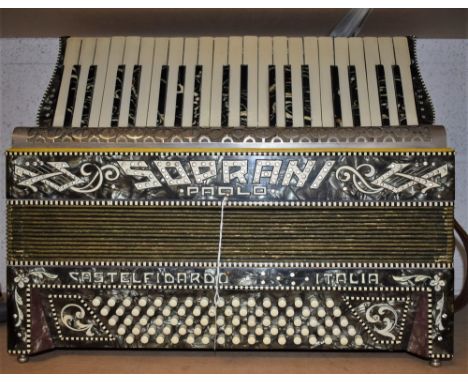 A Paolo Soprani Castelfidardo marbelised accordion, 80 buttons, ornate sound board and keys