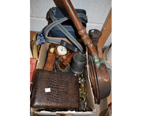 Metalware - a miner's lamp; a copper warming pan; a quantity of horse brasses; a Praktica camera; miniature clocks etc