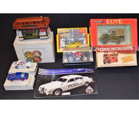 Die-Cast Vehicles - Atlas Editions model of the steam locomotive, Mallard; others, Police Car, Bus, etc; a Britains Land Rove