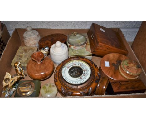 Boxes and Objects - a late 19th century carved frame wall hanging aneroid barometer, cream scale; a boxed sextant, marked Sta