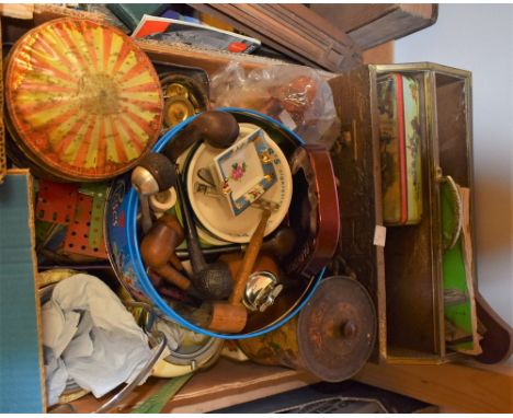 A quantity of vintage tins; a quantity of Meccano; a Grass magazine rack; an Art Deco biscuit barrel; etc 
