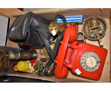 Boxes & Objects - a vintage red dial telephone;  Polaroid camera, brassware, silver plated sugar caster etc qty 