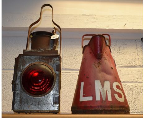 Railwayana - a BR(M) tail lamp with red bullseye glass and burner; an LMS water can (2)