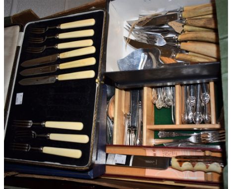 A set of Queen's pattern silver plated and stainless steel flatware; a set of EPNS fish knives and forks, cased; a bread knif