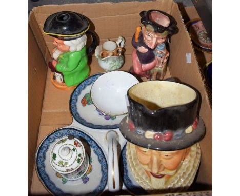 A Melba Ware Mr Punch toby jug; a Coalport Hunting Scene mustard pot; a Shorter Beefeater character jug; a Losol Ware tri lob