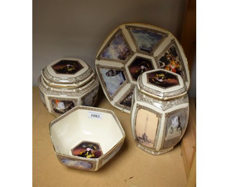 A Wade commemorative hexagonal plate, Nelson, a similar tea caddy and cover, others similar (4)