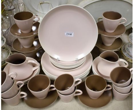 Ceramics - Poole tea, coffee and dinner ware, glazed in alternating mocha tones, printed marks, c. 1970