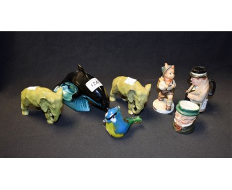Ceramics and Glass - a Langham glass Bluetit paperweight; Royal Dux small figures of Elephants, faint impressed marks; Poole 