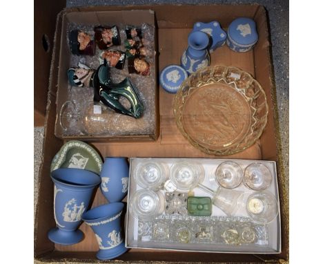 A Wedgwood Jasperware miniature vase, trinket pot and cover, others similar; a pair of late Victorian drinking glasses, hand 