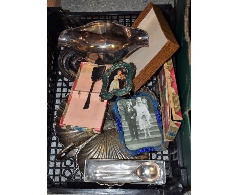 A silver plated shell dish; a plated condiment set, boxed; silver plated flatware; etc.