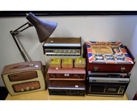 A Decca TP22 radio; a Teleton TC-931 Cassette Tape Recorder; an Amerex AC300 8-Track player; an angle poise lamp; vinyl recor