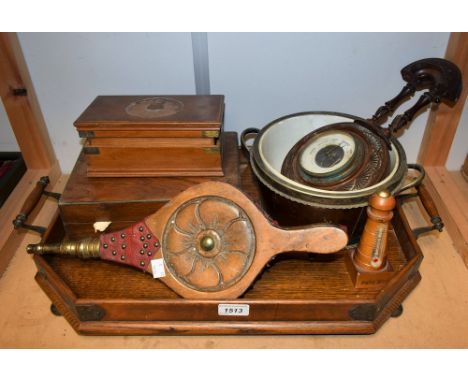 Boxes and Objects - A Victorian mahogany barometer; an oak galleried tray; bellows; lighthouse thermometer; a Victorian workb