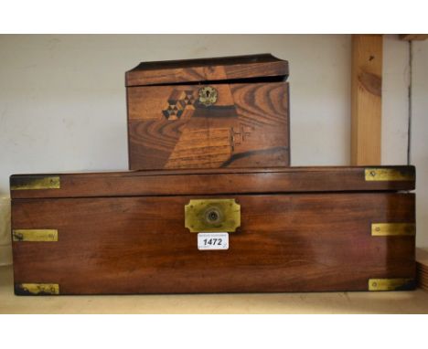 A Victorian mahogany writing slope; a marquetry inlaid tea caddy (2)