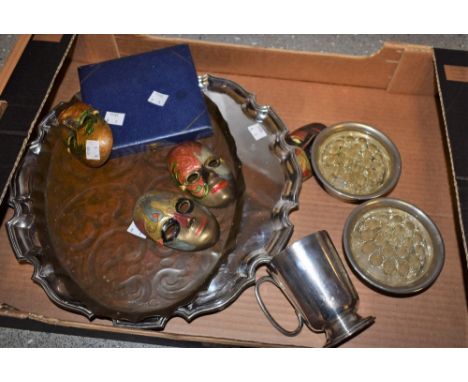 Metalware - a silver plated salver, pair rose bowl centres, flatware oval copper tray, Masks etc