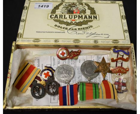 Medals - WWII trio including Africa Star, defence and victory medals; Red Cross nursing enamel badges 1950 - 1956; etc quanti