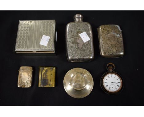 A silver capstan inkwell, Birmingham 1910; a cigarette case, Birmingham 1903; a silver vesta case; a plated hip flask, pocket