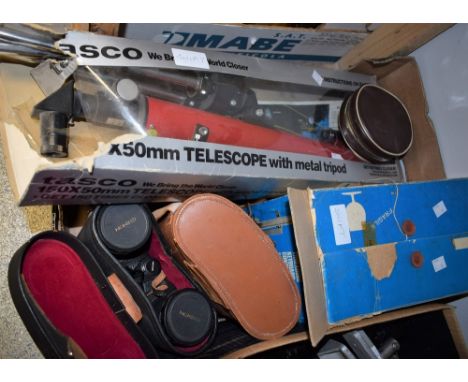 A pair of Kershaw Vanguard binoculars, 10 x 50, cased; another pair, Chinon, 7 x 50; a Tasco telescope; a Prinz Magnon projec