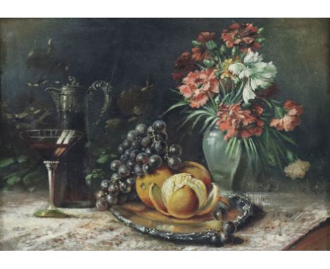 Unbekannte/r Stilllebenmaler/in - Stillleben mit Wein, Früchten und Blumenstrauß in Glasvase, Öl auf Leinwand, ca. 50 x 70,5 