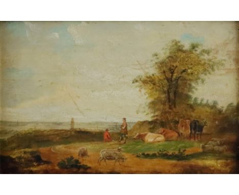 Unbekannte/r Künstler/in - 19. Jh. - Zwei Hirten mit Viehherde in weiter Landschaft, Öl auf Holz, unsigniert, ca. 25,3 x 37,8