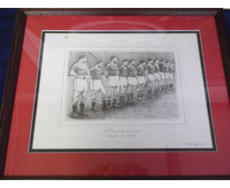 Football, 2 Manchester Utd framed prints, “Busby Babes Last Line Up” away to Red Star Belgrade 5th February 1958 by Steve Doi