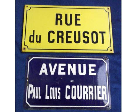Enamel Signs, two French signs 'Avenue Paul Louis Courrier', 25cm x 40 cm, white on blue & 'Rue du Creusot' , 25cm x 45 cm) b