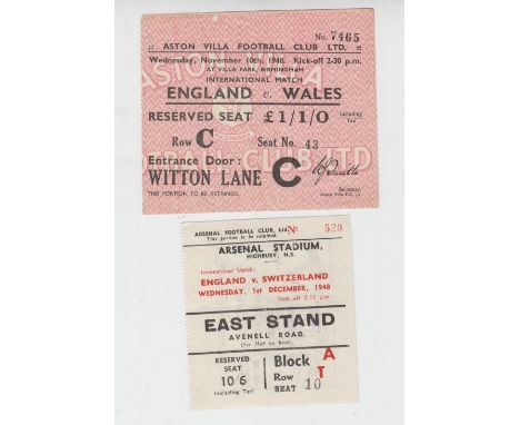 Football tickets, two non-Wembley England tickets from 1948, at Highbury, Arsenal, v Switzerland, 1 Dec 1948 & v at Villa Par