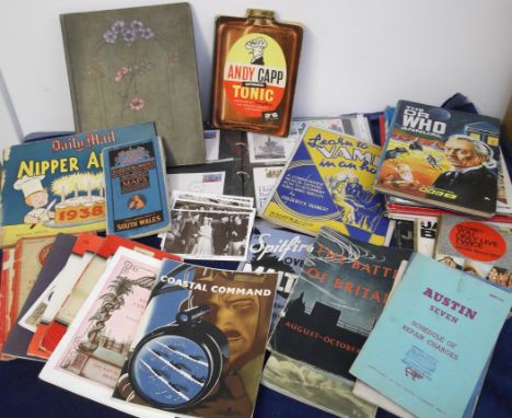Ephemera, mixed selection, 1940's onwards, inc. military, motoring, Ordnance Survey maps, Dr Who annuals, FDCs, Andy Capp boo