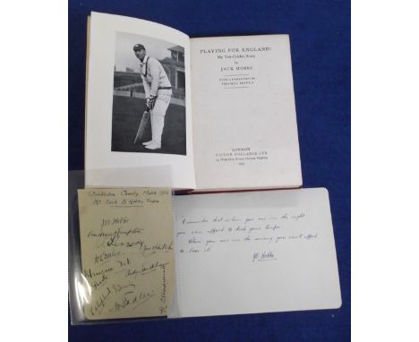 Cricket autographs etc, Jack Hobbs, Surrey & England, J.B. Hobbs signed album page with handwritten quote, sold with a page o