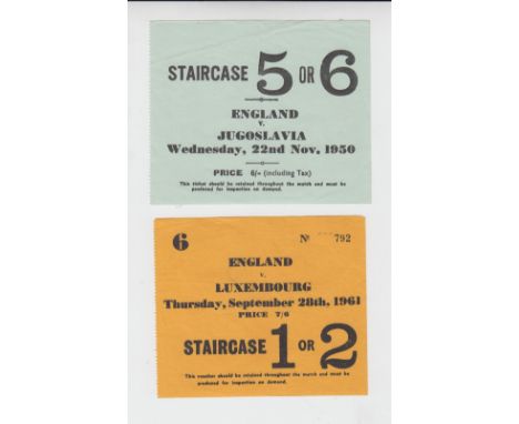 Football tickets, two non-Wembley England tickets, both played at Highbury, Arsenal, v Jugoslavia, 22 Nov 1950 & v Luxembourg