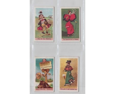 Cigarette cards, Rutter, Comic Phrases, 4 cards, 'One for the referee', 'The emancipation of woman', 'Stick to Mitcham Cigare