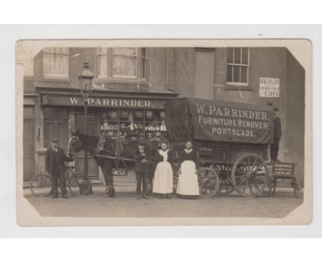 Postcard, Shopfront, W Parrinder, Furniture Remover, Portslade, horse drawn removal cart outside shop with staff, RP, (slight