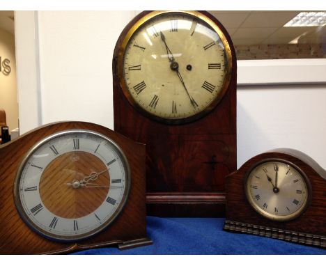 Clocks, three wooden mantle clocks, one dome shaped, 43cm tall by 28cm (one base side piece missing), one 16cm tall by 13cm &