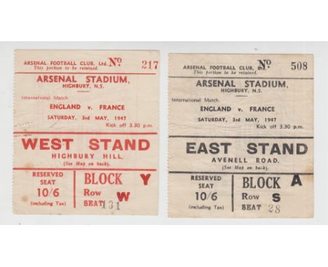 Football tickets, At Highbury, Arsenal, England v France, 3 May 1947, two different tickets, West Stand (red) & East Stand (b