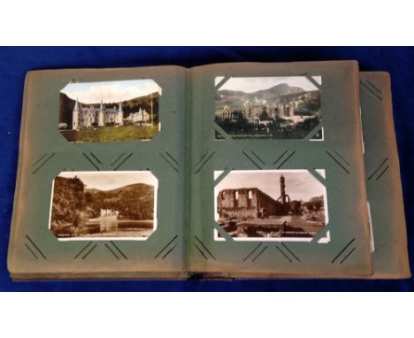 Postcards, large vintage album containing 350+ cards, Scottish Highlands, mainly RP's, art gallery pictures, artist-drawn car