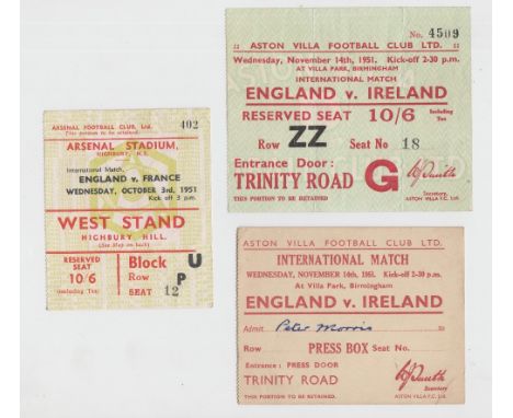 Football tickets, three non-Wembley England tickets from 1951, at Villa Park v Ireland, 14 Nov (with separate Press Box ticke