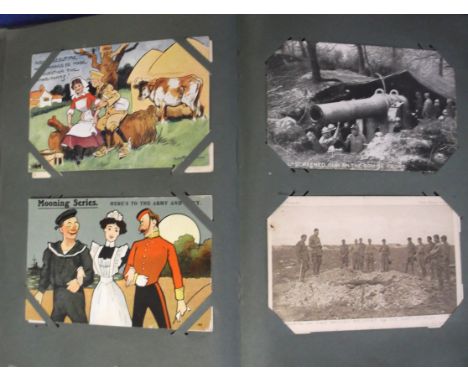 Postcards, a vintage album containing a collection of 170+ Military cards, mainly WW1, some RP's also Daily Mail war pictures