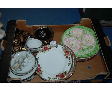 A quantity of china including six Coffee cups and saucers in Greek 24k gold decoration, dinner plates, Chinese eggshell trios