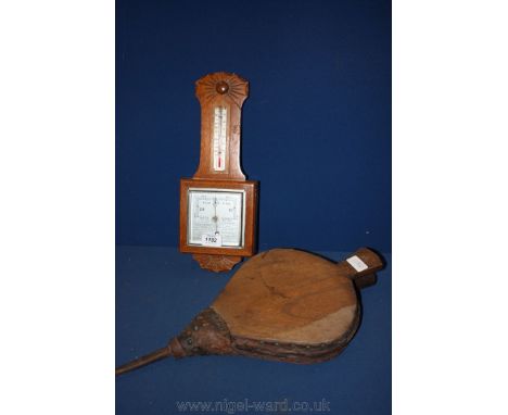A square faced Barometer/thermometer and a pair of bellows, a/f.