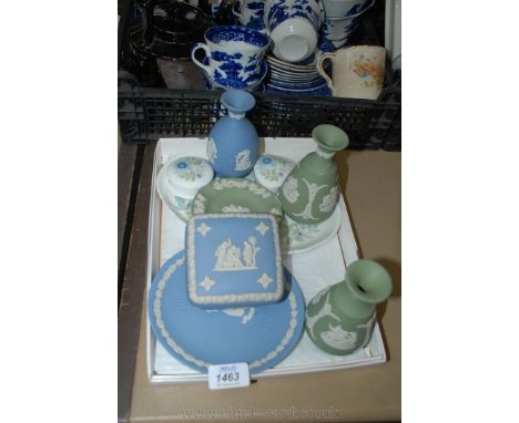 A quantity of blue and green Wedgwood Jasperware and 'Clementine' items including bud vases, trinket pots, etc.