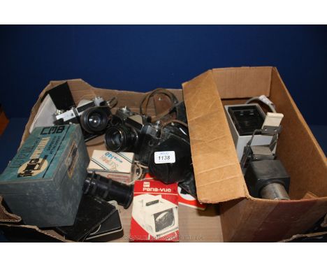 A quantity of Cameras including two Zenit - E, Pan-a-Vue Slide viewer, a Leitz Slide Projector, etc.