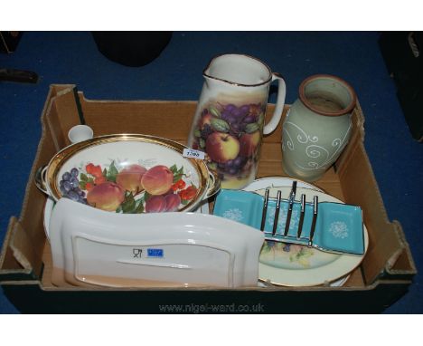 A box of china including two handled Fruit Bowl by Chelson China, Denby green Vase, Midwinter Toast Rack, miscellaneous Plate