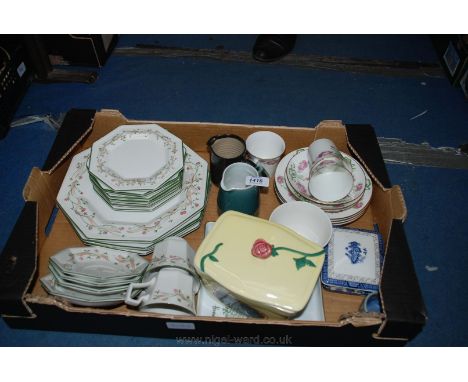 A quantity of china including Johnson Brothers 'Eternal Beau' Dinner and Tea plates, Beauty and the Beast Butter Dish, bone c