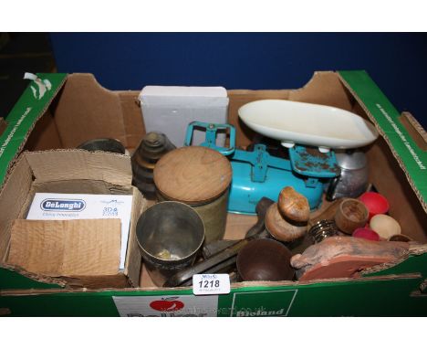 A quantity of kitchenalia including wooden egg cups, old bean slicer, Pig doorstop, wooden spoons, weighing scales with weigh