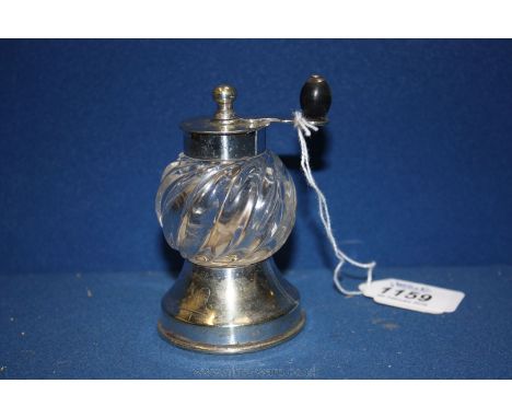 A French silver plate and glass Pepper Grinder by Peugeot Brothers.  2 1/2'' tall