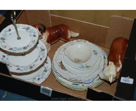 A quantity of china including three tier Colclough cake stand, Mellow ware dog and Hereford Bull (ear a/f) plus a quantity of