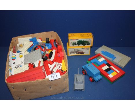 A box of miscellaneous Lego and two small Airfix Field Gun and Tractor plus a German Tiger Tank