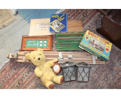 A quantity of miscellanea including wooden box with four drill bits, teddy bear, Tower Press jigsaw, easel, etc.