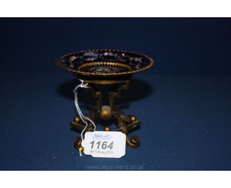A very pretty French enamelled Pin Dish on a gilt metal stand.  Napoleon lll period.  3 1/4'' tall x 3 3/4'' diameter.  Some 