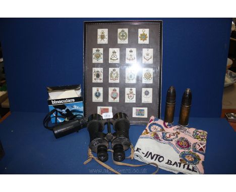 A quantity of army subject Cigarette Silks, military scarf, WWII badges, two brass Shell cases and a pair of military Binocul